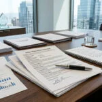 Startup term sheet and venture capital financing documents on a conference table in a corporate law office, representing startup fundraising, investor negotiations, and legal review.