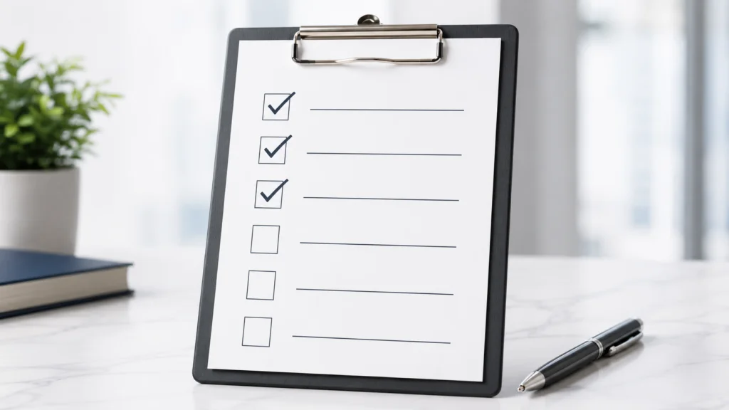 Clipboard with checklist boxes and blank lines representing biotech startup funding readiness.