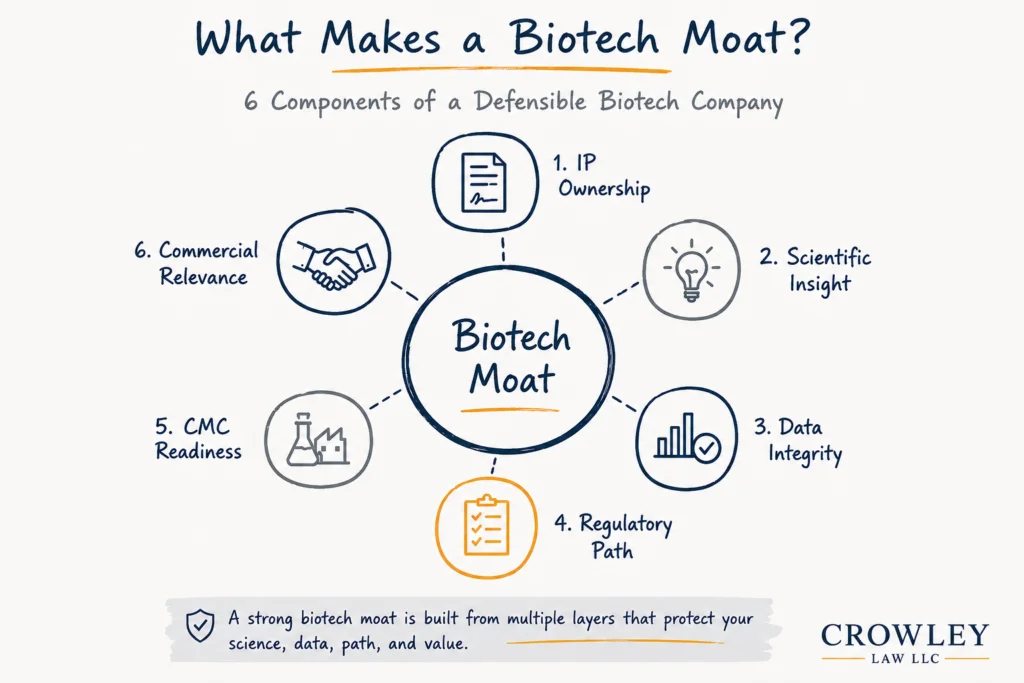 Infographic showing six components of a biotech moat: intellectual property ownership, scientific insight, data integrity, regulatory path, CMC readiness and commercial relevance.