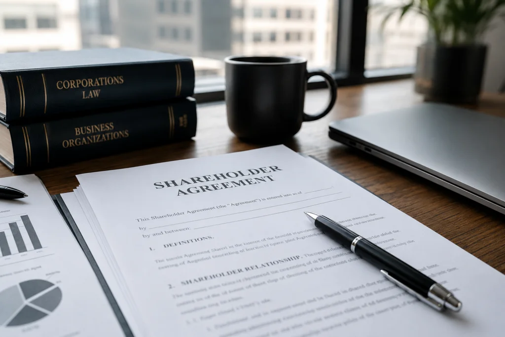 Shareholder disputes prevention and resolution documents in a startup office with shareholder agreement, corporate law books, and financial reports.