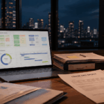 Startup trademark and copyright litigation workspace with laptop displaying software architecture diagrams, legal cease-and-desist notice, business documents, and city skyline at night.