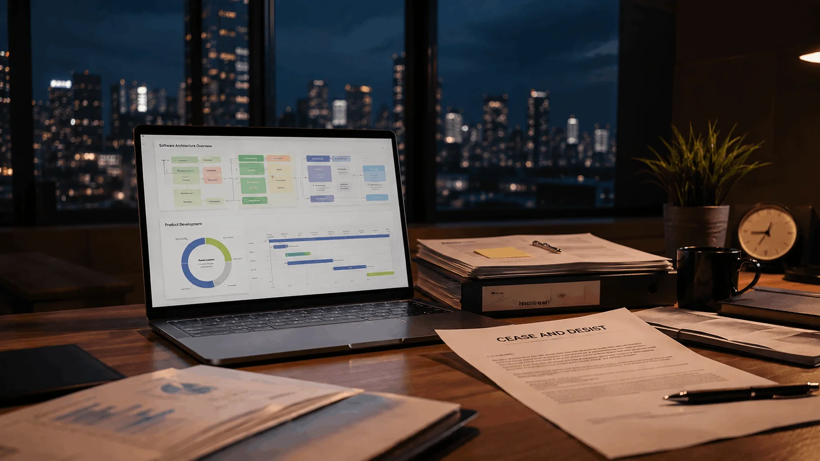 Startup trademark and copyright litigation workspace with laptop displaying software architecture diagrams, legal cease-and-desist notice, business documents, and city skyline at night.