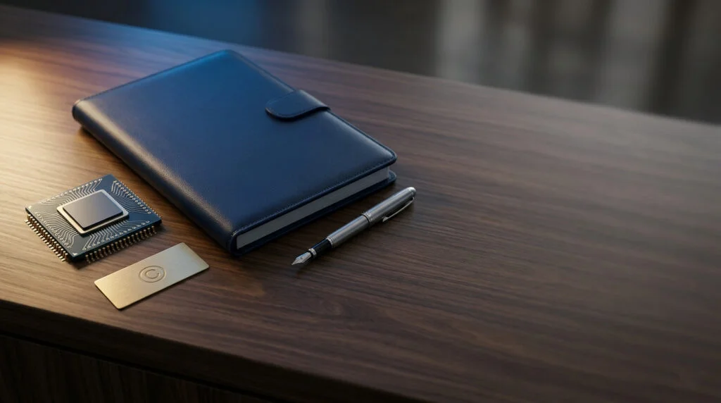 AI copyright protection for startups, microchip and copyright seal on a law office desk representing ownership of AI-generated work
