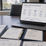 Laptop showing a biotech startup funding roadmap surrounded by legal, intellectual property, regulatory, data room and investor readiness documents.