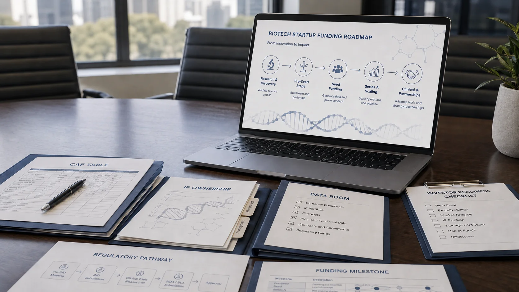 Laptop showing a biotech startup funding roadmap surrounded by legal, intellectual property, regulatory, data room and investor readiness documents.