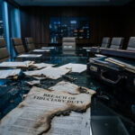 Breach of fiduciary duty documents scattered across a corporate boardroom table during a startup governance dispute.