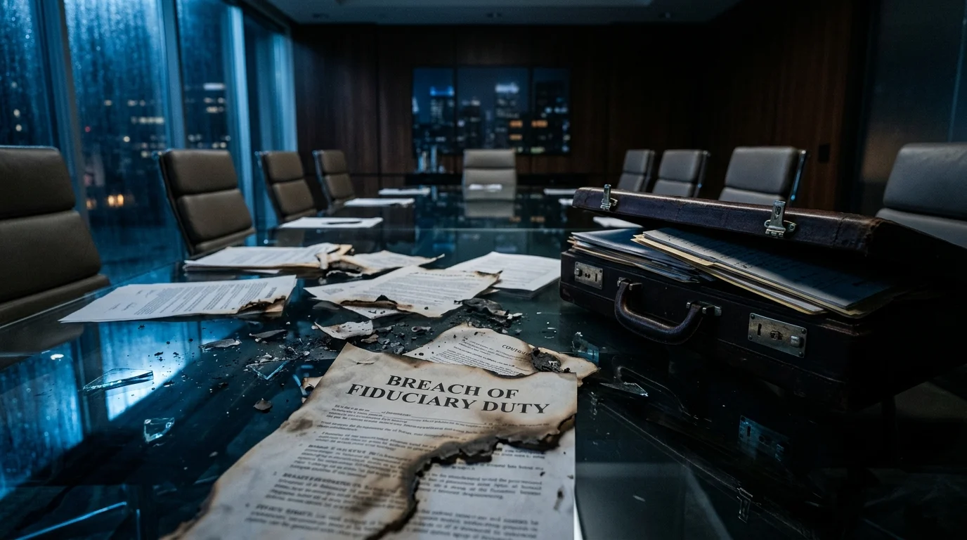 Breach of fiduciary duty documents scattered across a corporate boardroom table during a startup governance dispute.