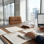 Consulting firm legal documents and contracts on an office desk as an entrepreneur reviews business formation paperwork and client agreements in a modern office setting with a laptop and city view.