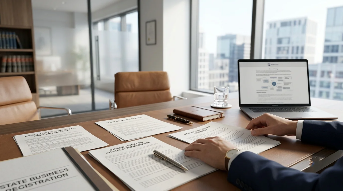 Consulting firm legal documents and contracts on an office desk as an entrepreneur reviews business formation paperwork and client agreements in a modern office setting with a laptop and city view.