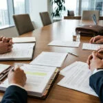 Business partners in a corporate boardroom reviewing legal documents related to a deadlock clause, illustrating decision-making stalemate prevention in 50/50 ownership agreements.