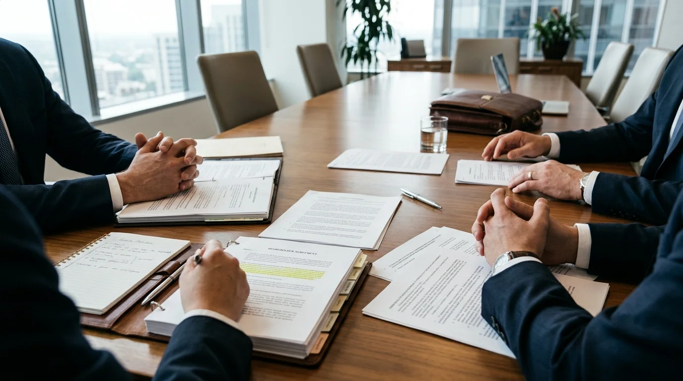 Business partners in a corporate boardroom reviewing legal documents related to a deadlock clause, illustrating decision-making stalemate prevention in 50/50 ownership agreements.