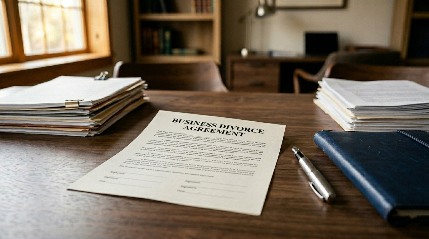 Business divorce agreement document on a desk in a law office, viewed from a seated perspective, representing co-owners separating a company