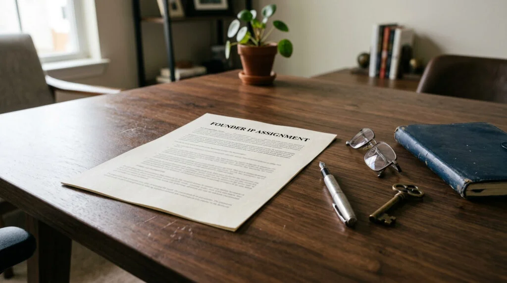 Founder IP assignment agreement on a desk viewed from a seated perspective, with fountain pen and brass key, representing transfer of startup intellectual property ownership