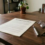 Founder IP assignment agreement on a desk viewed from a seated perspective, with fountain pen and brass key, representing transfer of startup intellectual property ownership