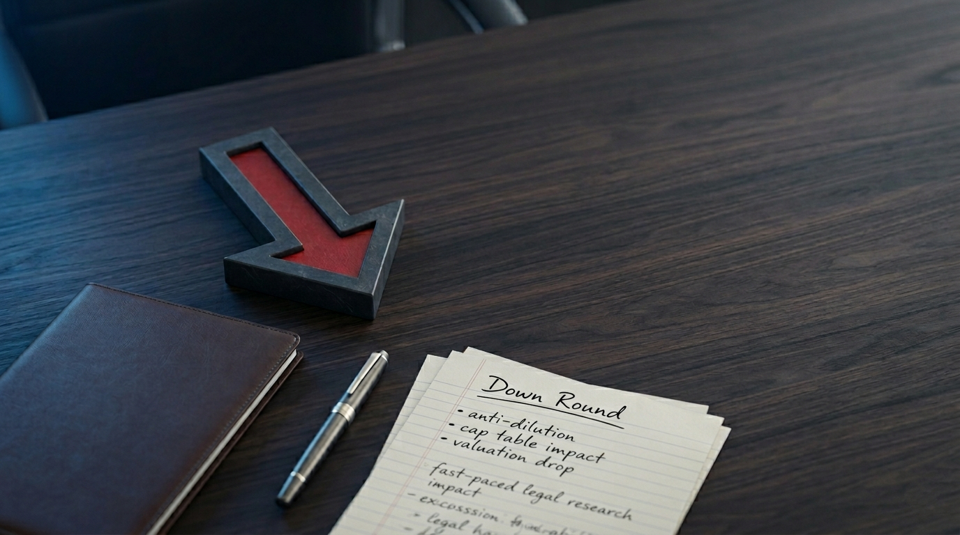 Red downward arrow on dark walnut desk beside leather portfolio and corporate documents, representing startup down round valuation drop and founder equity protection