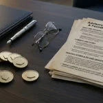 Cluster of gold tokens with one set apart on a dark walnut desk beside a leather portfolio and fountain pen, representing advisory shares and startup equity allocation