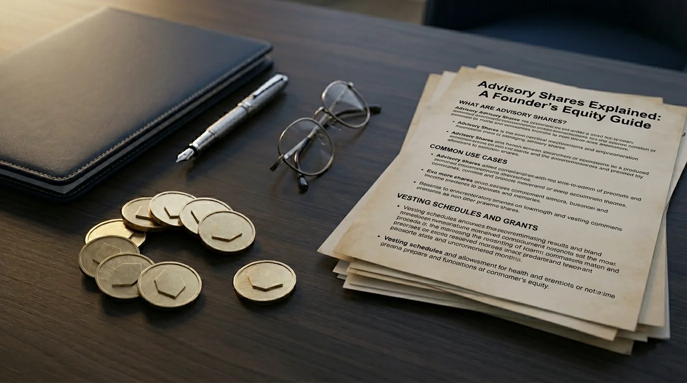 Cluster of gold tokens with one set apart on a dark walnut desk beside a leather portfolio and fountain pen, representing advisory shares and startup equity allocation