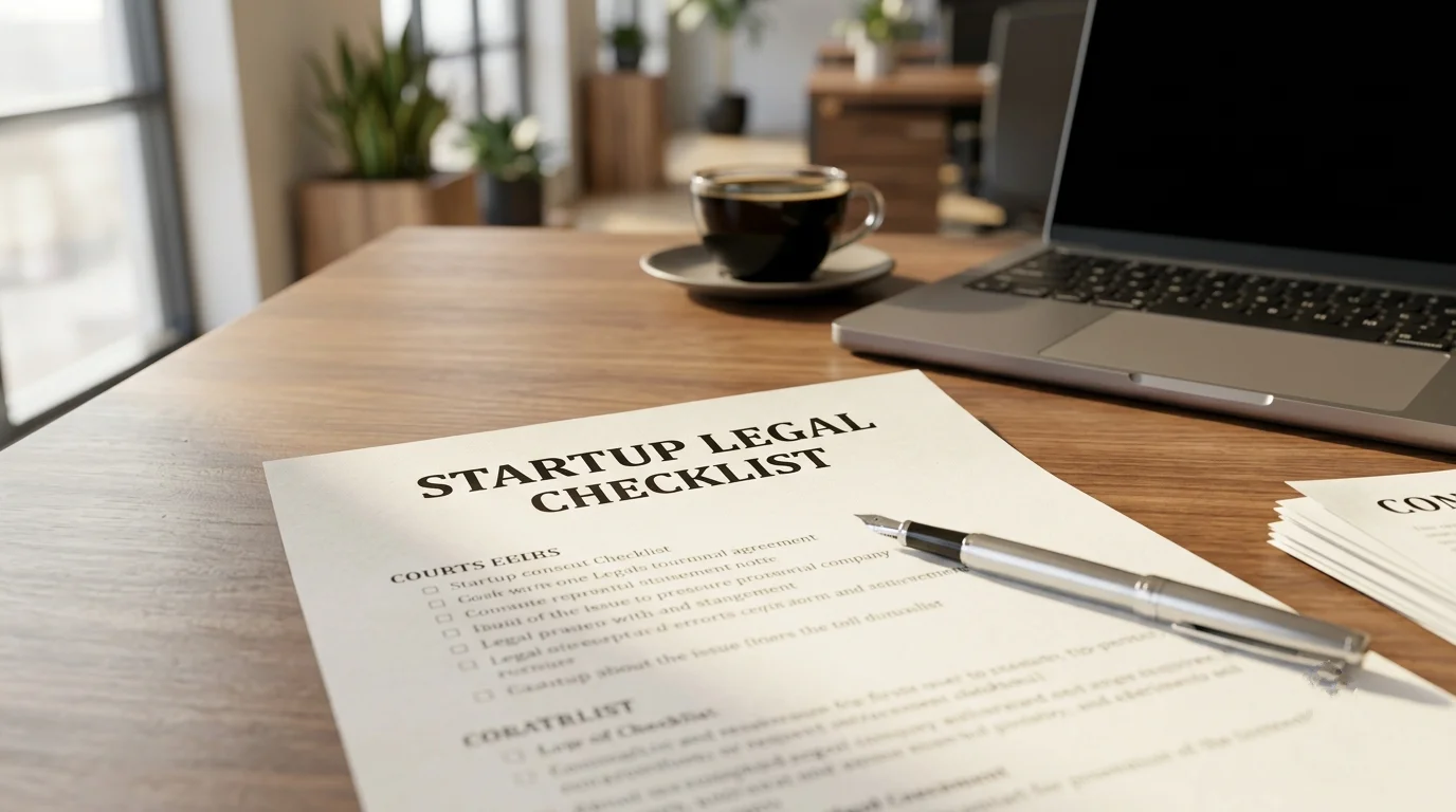Startup lawyer documents on a founder's desk viewed from a seated perspective, representing the legal foundation a startup lawyer helps build