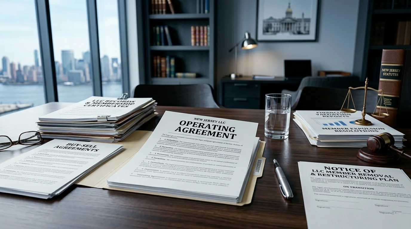 How to remove an LLC member in New Jersey, a legal document and operating agreement on a desk representing the process to remove an LLC member