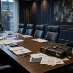 Empty corporate boardroom with isolated chair and financial documents, representing minority shareholder oppression in closely held companies.