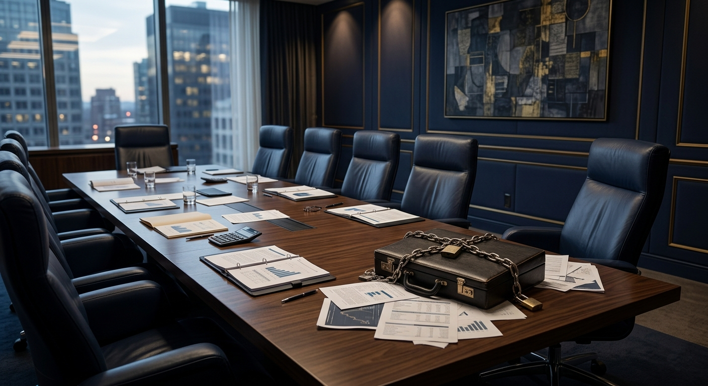 Empty corporate boardroom with isolated chair and financial documents, representing minority shareholder oppression in closely held companies.