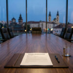 Board of directors concept, a board resolution document on a boardroom conference table with executive chairs