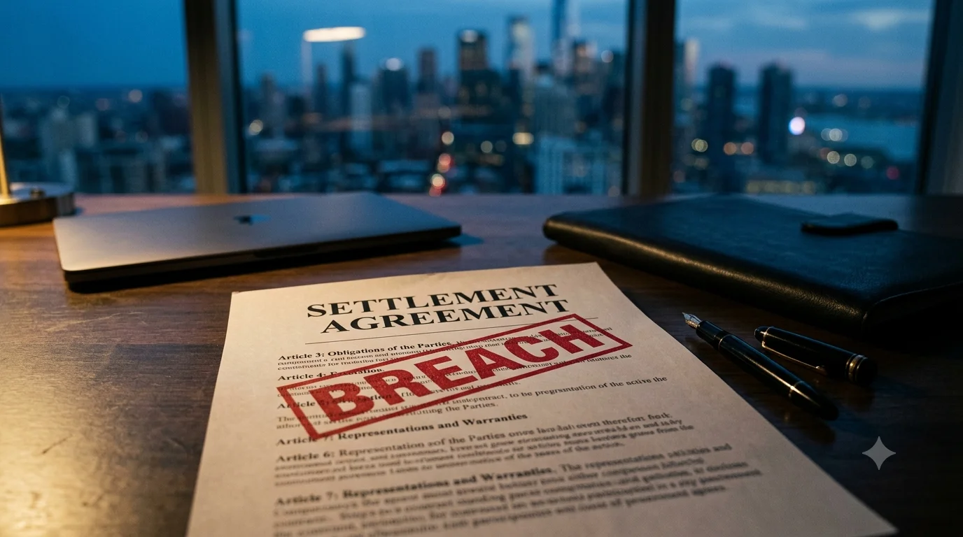 Breach of contract concept, a torn contract with a pen on a desk in a law office at dusk representing a broken business agreement