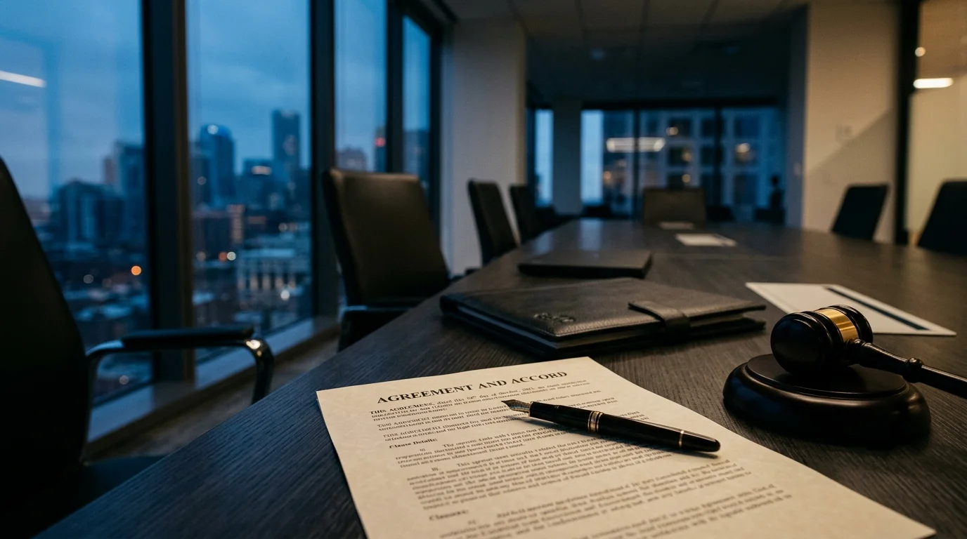 Startup litigation concept, a legal document and gavel on a conference table in a modern law firm at dusk representing a business lawsuit