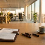 Dissolve a business concept, a dissolution filing with a file box and keys on a desk in an empty office representing a company winding down