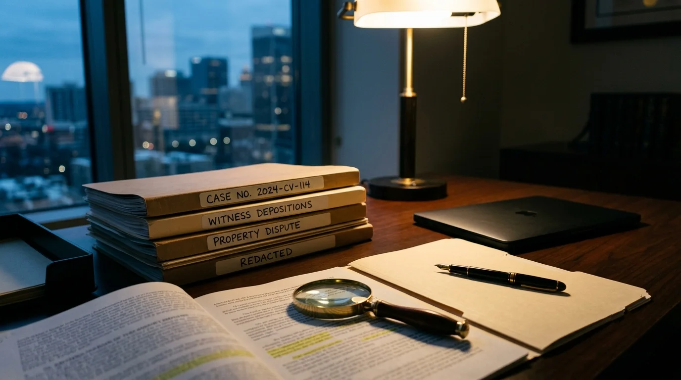 Due diligence concept, organized document folders and a magnifying glass on a desk in a law office representing a deal review