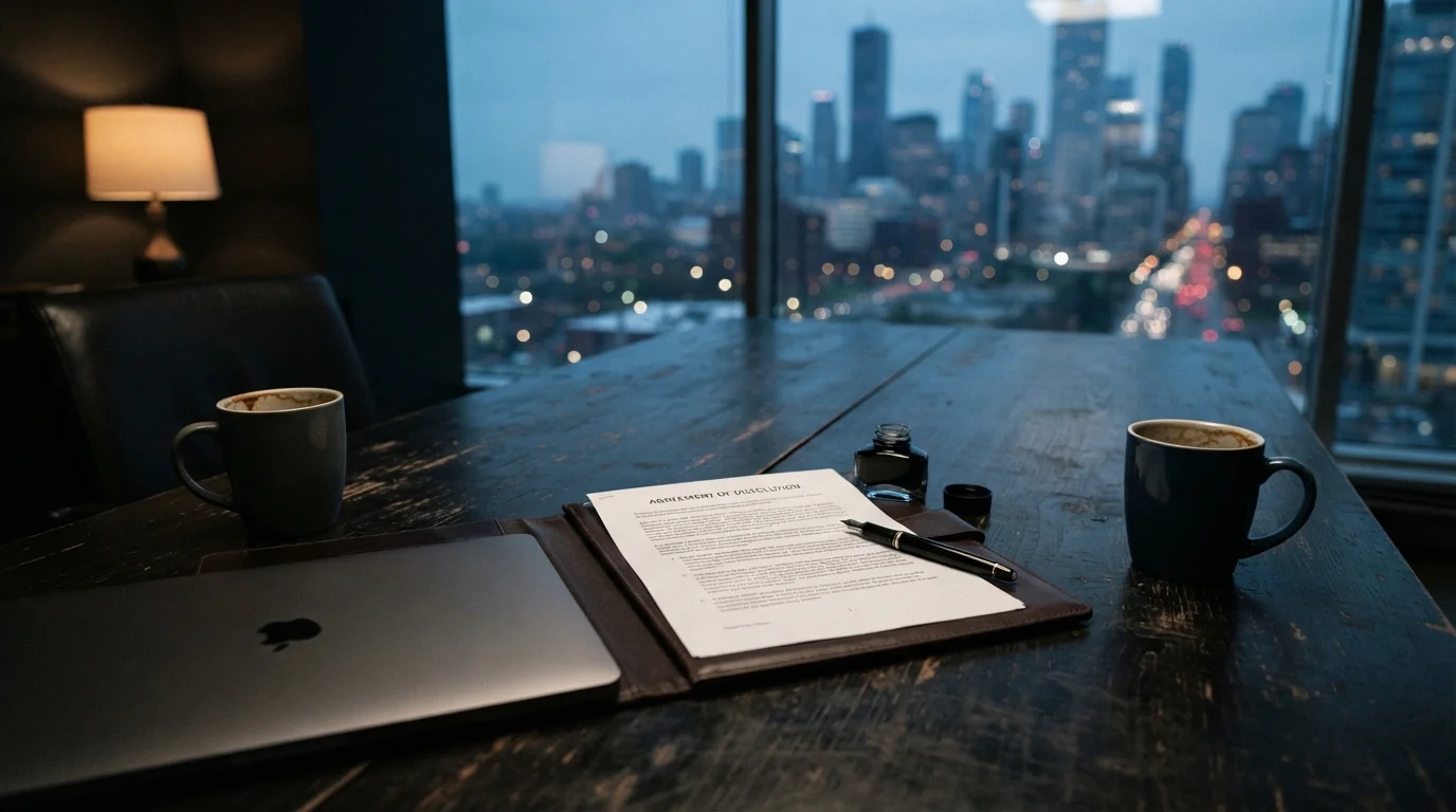 Partnership dispute concept, a legal document between two separated coffee mugs on a conference table representing two business partners in conflict