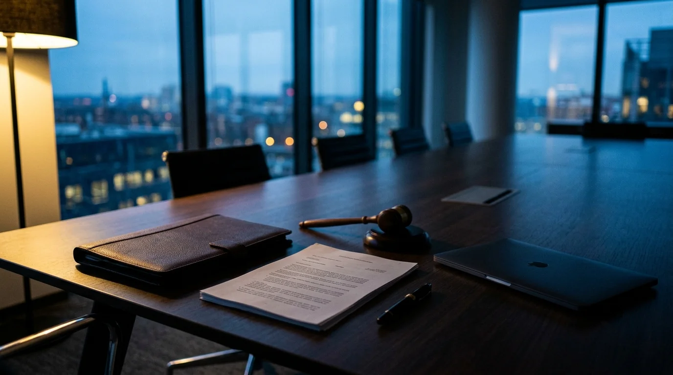 Business litigation attorney concept, legal documents and a gavel on a conference table in a modern law firm