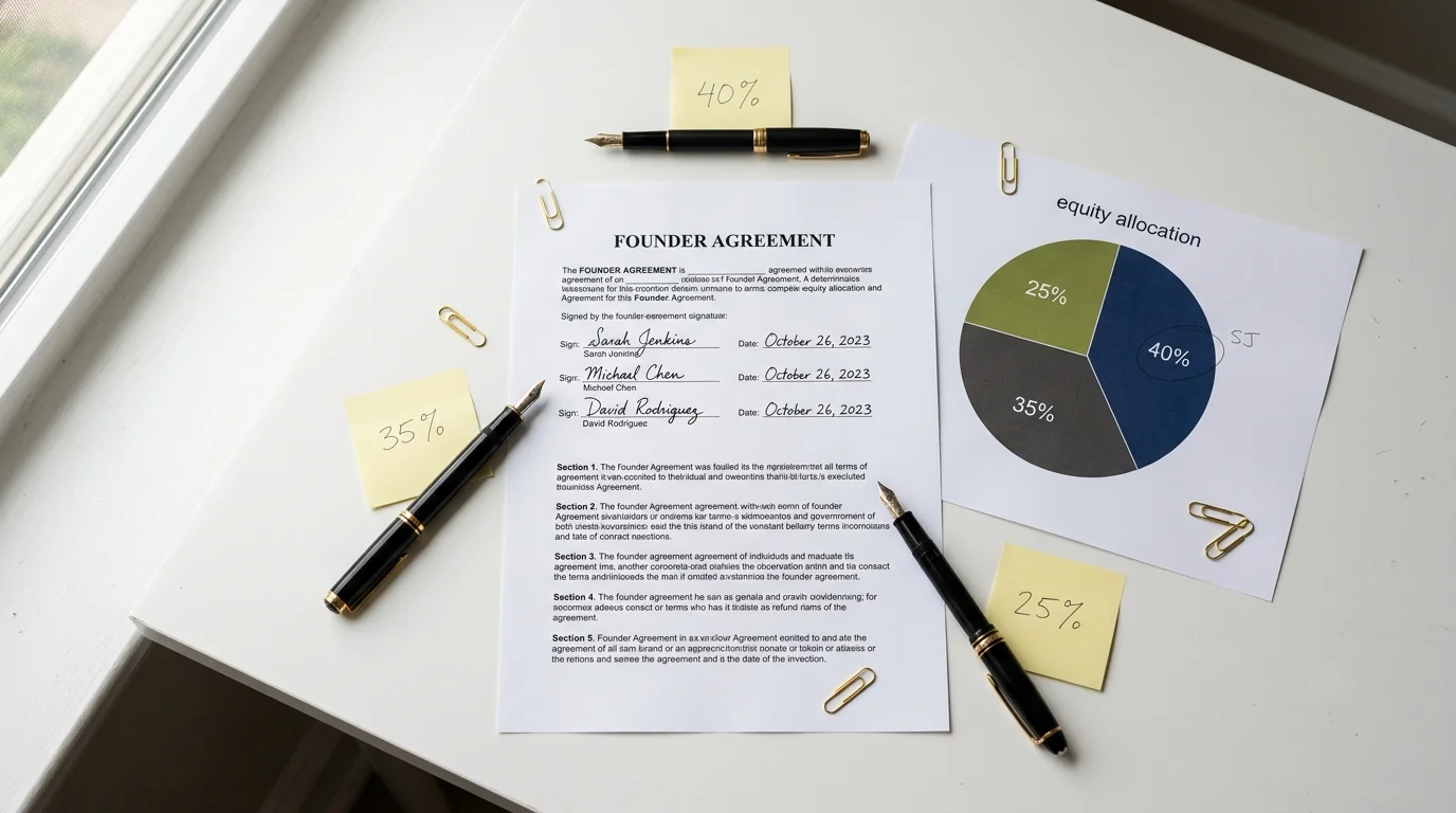 Founder agreement document with equity split percentages — how to split equity among co-founders