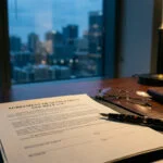 Letter of intent concept, an unsigned legal document with a pen on a desk in a law office representing a proposed business deal